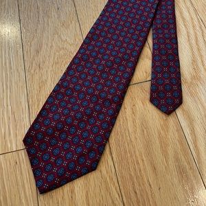 VINTAGE Stanley Blacker Dark Red With Light Blue Foulard Geometric Silk Tie